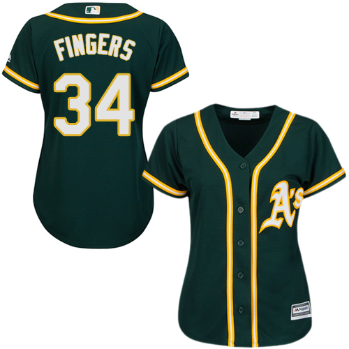 Athletics #34 Rollie Fingers Green Alternate Women's Stitched MLB Jersey - Click Image to Close